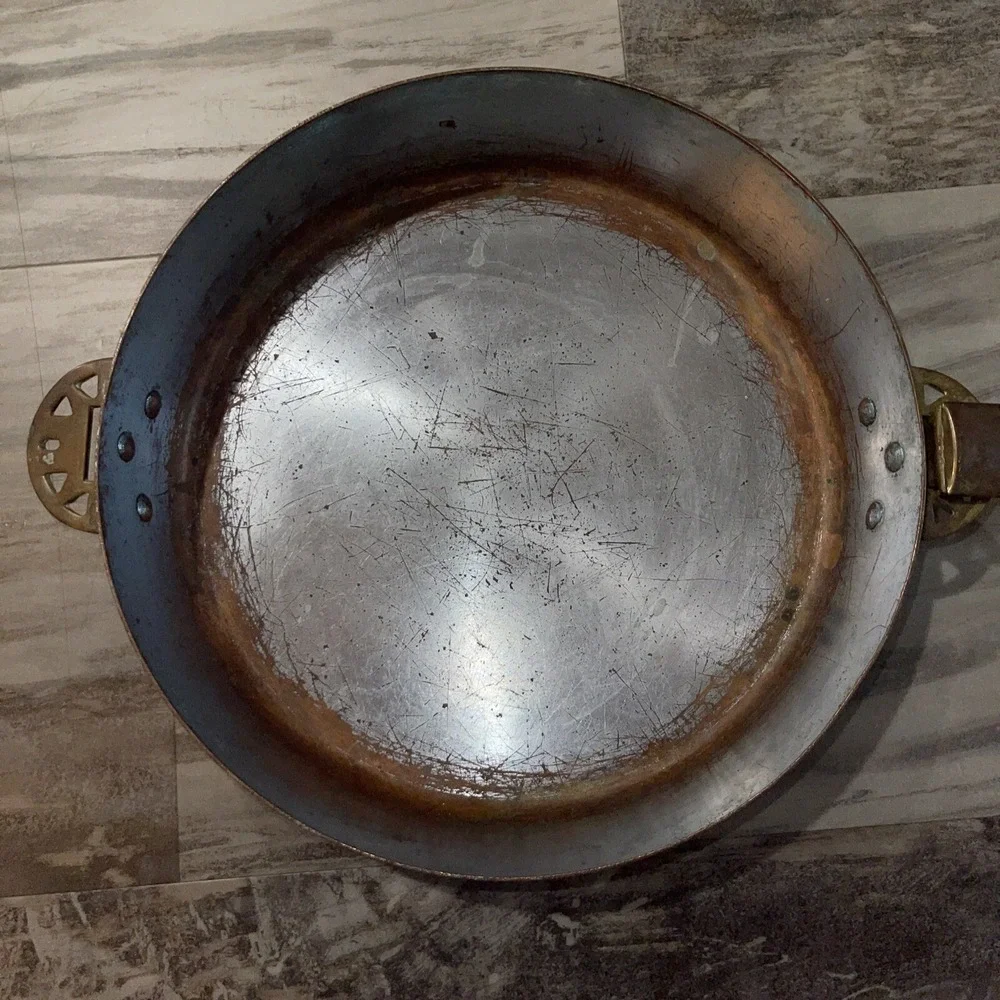 Vtg Copper Fry Skillet Pan Brass Handles 10 Inch Patina Farmhouse Decoration